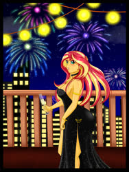 Size: 1500x2000 | Tagged: safe, artist:albertbm, sunset shimmer, equestria girls, g4, alcohol, bracelet, breasts, busty sunset shimmer, champagne, champagne glass, city, cleavage, clothes, dress, ear piercing, earring, elegant, fireworks, jewelry, light, piercing, sexy, side slit, skyline, sleeveless, solo, strapless, stupid sexy sunset shimmer, total sideslit, wine