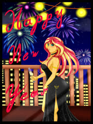 Size: 1500x2000 | Tagged: safe, alternate version, artist:albertbm, sunset shimmer, equestria girls, g4, 2020, alcohol, breasts, busty sunset shimmer, champagne, champagne glass, city, cleavage, clothes, dress, elegant, fireworks, happy new year, happy new year 2020, holiday, light, sexy, side slit, skyline, sleeveless, solo, strapless, stupid sexy sunset shimmer, text, total sideslit, wine