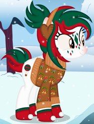 Size: 685x904 | Tagged: safe, artist:razorbladetheunicron, oc, oc only, oc:thrill seeker, earth pony, pony, base used, clothes, earmuffs, facial markings, snow, snowfall, solo, sweater, tree
