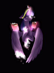 Size: 2863x3859 | Tagged: safe, artist:pipoupip, part of a set, twilight sparkle, alicorn, pony, g4, big crown thingy, black background, book, disintegration, element of magic, female, floppy ears, glowing horn, high res, hoof on chest, horn, jewelry, magic, mare, open mouth, regalia, simple background, solo, starry eyes, telekinesis, twilight sparkle (alicorn), wingding eyes