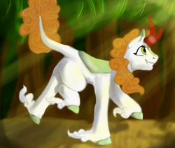 Size: 640x542 | Tagged: safe, artist:d3pressedr4inbow, autumn blaze, kirin, g4, crepuscular rays, female, forest, mare, smiling, solo, wip