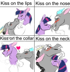 Size: 578x596 | Tagged: safe, artist:d3pressedr4inbow, discord, twilight sparkle, draconequus, pony, g4, blushing, bust, duo, eyes closed, female, floppy ears, kiss meme, kiss on the lips, kissing, male, mare, nuzzling, ship:discolight, shipping, simple background, smiling, straight, white background