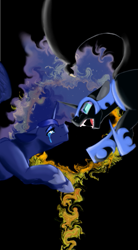 Size: 291x526 | Tagged: safe, artist:d3pressedr4inbow, nightmare moon, princess luna, alicorn, pony, g4, black background, crying, drool, drool string, duality, ethereal mane, female, floppy ears, jewelry, looking at each other, mare, missing accessory, open mouth, regalia, simple background, spread wings, starry mane, wing claws, wings