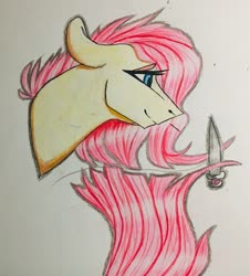 Size: 2203x2438 | Tagged: safe, artist:d3pressedr4inbow, fluttershy, pony, g4, bust, female, floppy ears, haircut, high res, knife, lidded eyes, lyrics in the description, mare, profile, simple background, smiling, solo, traditional art, white background