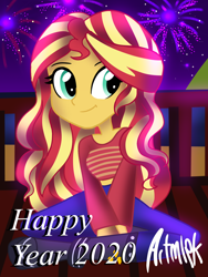 Size: 1536x2048 | Tagged: safe, artist:artmlpk, sunset shimmer, equestria girls, g4, clothes, cute, female, fireworks, holiday, midriff, new year, new years eve, shimmerbetes, short shirt, solo