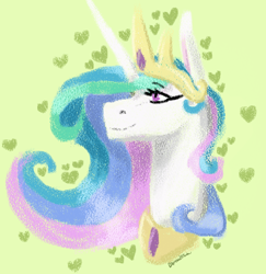 Size: 548x564 | Tagged: safe, artist:d3pressedr4inbow, princess celestia, pony, g4, bust, ethereal mane, eyebrows, eyebrows visible through hair, female, green background, heart, jewelry, mare, regalia, simple background, smiling, solo