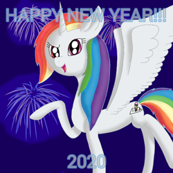 Size: 1000x1000 | Tagged: safe, artist:asiandra dash, oc, oc only, oc:rainbowrio, alicorn, pony, 2020, alicorn oc, fireworks, happy new year, holiday, horn, rainbow alicorn, raised hoof, solo, spread wings, wings
