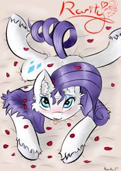 Size: 1240x1754 | Tagged: safe, artist:llametsul, rarity, pony, unicorn, g4, bed, bedroom eyes, ear fluff, female, heart, heart eyes, leg fluff, looking at you, lying on bed, on bed, prone, rose petals, solo, tongue out, unshorn fetlocks, wingding eyes
