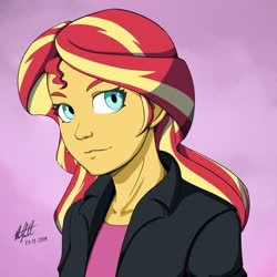 Size: 1024x1024 | Tagged: safe, artist:nlhetfield, sunset shimmer, equestria girls, g4, bust, clothes, female, gradient background, jacket, leather jacket, portrait, shirt, signature, smiling, solo