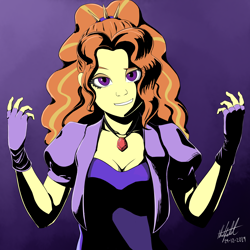 Size: 4000x4000 | Tagged: safe, artist:nlhetfield, adagio dazzle, equestria girls, g4, breasts, cleavage, clothes, eyebrows, eyebrows visible through hair, female, fingerless gloves, gem, gloves, jacket, lidded eyes, looking at you, purple background, raised eyebrow, shirt, signature, simple background, siren gem, smiling, solo