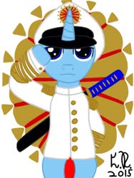 Size: 720x960 | Tagged: safe, artist:imperial_crest, oc, oc only, oc:imperial crest, alicorn, semi-anthro, alicorn oc, arm hooves, cutie mark, emblem, flag, golden, horn, imperial japan, katana, male, military, military uniform, solo, stallion, sword, weapon
