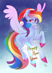 Size: 3000x4200 | Tagged: safe, artist:eeviart, rainbow dash, pony, g4, abstract background, christmas, female, flying, happy new year, hat, holiday, santa hat, signature, solo, spread wings, wings