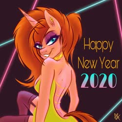 Size: 2048x2048 | Tagged: safe, oc, oc only, unicorn, anthro, 2020, choker, clothes, high res, makeup, new year, new years eve, solo, stockings, thigh highs