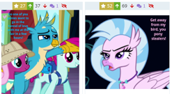 Size: 490x264 | Tagged: safe, derpibooru exclusive, edit, edited screencap, screencap, fruit pack, gallus, happy khaki, ruby splash, silverstream, trail blazer, earth pony, griffon, hippogriff, pony, derpibooru, g4, uprooted, booth, cropped, don't even think about it, downvote, eye crossed, favorite, female, juxtaposition, male, meta, ship:gallstream, shipping, silverstream is not amused, spread arms, straight, text, text edit, tunnel of love, unamused, upvote