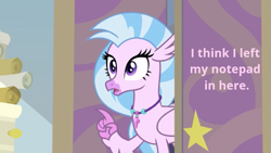 Size: 745x420 | Tagged: safe, edit, edited screencap, screencap, silverstream, hippogriff, g4, student counsel, chatting, jewelry, starlight's office, talking to viewer, text, text edit