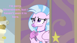 Size: 746x417 | Tagged: safe, edit, edited screencap, screencap, silverstream, g4, student counsel, chatting, frown, implied starlight glimmer, jewelry, offscreen character, starlight's office, text, text edit