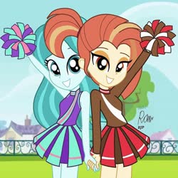 Size: 2048x2048 | Tagged: safe, artist:rjp.rammy, lighthoof, shimmy shake, equestria girls, g4, cheerleader outfit, clothes, duo, equestria girls-ified, female, high res, looking at you, miniskirt, pleated skirt, pom pom, skirt, smiling, smiling at you