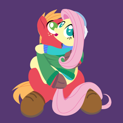 Size: 2000x2000 | Tagged: safe, anonymous artist, big macintosh, fluttershy, pony, series:fm holidays, g4, boots, clothes, earmuffs, female, gloves, high res, holding a pony, hoof gloves, lineless, looking at something, looking up, male, new year, no pupils, purple background, shared clothing, shared sweater, ship:fluttermac, shipping, shoes, simple background, straight, sweater, wip
