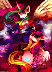 Size: 2104x2920 | Tagged: safe, artist:rocioam7, princess cadance, princess celestia, princess luna, alicorn, pony, g4, alicorn triarchy, butt, curved horn, flower, flower in hair, high res, horn, looking at you, plot, royal sisters