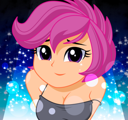 Size: 1163x1094 | Tagged: safe, artist:rosemile mulberry, scootaloo, equestria girls, g4, breasts, bust, busty scootaloo, cleavage, clothes, cute, cutealoo, female, looking at you, older, older scootaloo, smiling, solo