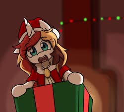 Size: 1280x1159 | Tagged: safe, artist:spheedc, oc, oc only, oc:scarlet serenade, pony, unicorn, chimney, christmas, christmas lights, clothes, commission, costume, hat, holiday, present, santa costume, santa hat, smiling, solo, your character here