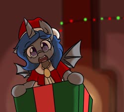 Size: 1280x1159 | Tagged: safe, artist:spheedc, oc, oc only, oc:blossom, alicorn, bat pony, bat pony alicorn, pony, chimney, christmas, christmas lights, clothes, commission, costume, glasses, hat, holiday, horn, present, santa costume, santa hat, smiling, solo, your character here