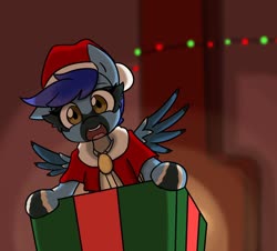 Size: 1280x1159 | Tagged: safe, artist:spheedc, oc, oc only, oc:jay jay, pony, chimney, christmas, christmas lights, clothes, commission, costume, hat, holiday, present, santa costume, santa hat, smiling, solo, your character here