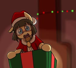 Size: 1280x1159 | Tagged: safe, artist:spheedc, oc, oc only, oc:sphee, earth pony, pony, chimney, christmas, christmas lights, clothes, commission, costume, female, filly, glasses, hat, holiday, mare, present, santa costume, santa hat, smiling, solo, your character here