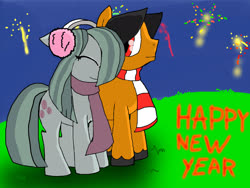 Size: 2048x1536 | Tagged: safe, artist:a.s.e, marble pie, oc, oc:a.s.e, earth pony, pony, g4, canon x oc, clothes, couple, duo, earmuffs, female, fireworks, happy, happy new year, holiday, male, mare, scarf, smiling, stallion, together
