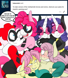 Size: 1611x1851 | Tagged: safe, artist:blackbewhite2k7, fluttershy, pinkie pie, rarity, g4, angry, ask, blushing, bubble berry, butterscotch, catmare, catwoman, clothes, cosplay, costume, cuddling, dc comics, discorded, elusive, female, flutterbitch, harley quinn, hoof kissing, hug, male, pinkie quinn, poison ivy, poison ivyshy, rule 63, self ponidox, selfcest, ship:bubblepie, ship:flutterscotch, ship:rarilusive, shipping, straight, tumblr