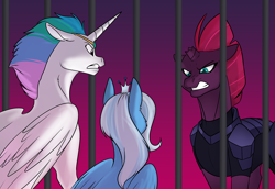 Size: 1200x825 | Tagged: safe, artist:foxenawolf, tempest shadow, trixie, oc, oc:mark wells, fanfic:off the mark, g4, my little pony: the movie, broken horn, cage, gritted teeth, horn, not celestia