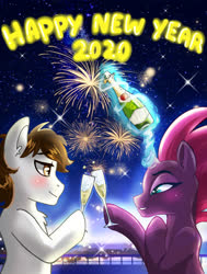 Size: 3024x4000 | Tagged: safe, tempest shadow, oc, oc:rough seas, earth pony, pony, unicorn, g4, 2020, alcohol, blushing, canon x oc, champagne, champagne glass, fireworks, happy new year, holiday, new year, stars, wine