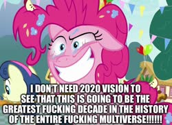 Size: 992x718 | Tagged: safe, edit, edited screencap, editor:useraccount, screencap, bon bon, pinkie pie, sweetie drops, g4, secrets and pies, 2020, bloodshot eyes, caption, cropped, crying, didn't age well, excessive exclamation marks, eye, eyes, happy new year, holiday, image macro, meme, new year, solo focus, text
