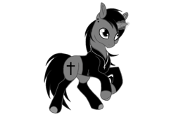 Size: 1200x800 | Tagged: safe, artist:ruchiyoto, oc, oc only, oc:black cross, pony, unicorn, 2020 community collab, derpibooru community collaboration, boots, clothes, crucifix, ear piercing, edgy, jacket, jewelry, magic, male, necklace, piercing, shoes, simple background, solo, stallion, transparent background