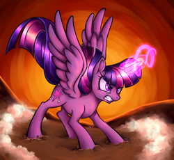 Size: 1250x1150 | Tagged: safe, artist:rhythmcrown, twilight sparkle, alicorn, pony, g4, twilight's kingdom, angry, badass, female, fighting stance, glowing horn, gritted teeth, horn, magic, nose wrinkle, redraw, scene interpretation, signature, solo, spread wings, starry eyes, twilight sparkle (alicorn), wingding eyes, wings
