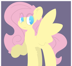 Size: 2620x2433 | Tagged: safe, artist:moonydusk, fluttershy, pegasus, pony, g4, colored, eye clipping through hair, female, flat colors, high res, looking at you, mare, no pupils, raised hoof, simple background, solo, spread wings, standing, three quarter view, wings