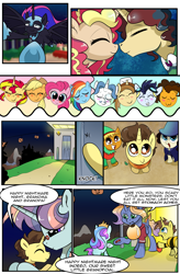 Size: 1800x2740 | Tagged: safe, artist:candyclumsy, applejack, cheese sandwich, donut joe, fancypants, pinkie pie, rainbow dash, soarin', sunset shimmer, oc, oc:aerial agriculture, oc:earthing elements, oc:king calm merriment, oc:king speedy hooves, oc:queen motherly morning, oc:queen nightmare pulsar, oc:tommy the human, alicorn, earth pony, pegasus, pony, unicorn, comic:nightmare pulsar, g4, alicorn oc, candy, canterlot, canterlot castle, clothes, comic, commissioner:bigonionbean, costume, crystal empire, dialogue, female, flying, food, fusion, fusion:applejack, fusion:big macintosh, fusion:bow hothoof, fusion:cheese sandwich, fusion:cloudy quartz, fusion:donut joe, fusion:fancypants, fusion:flash sentry, fusion:gentle breeze, fusion:igneous rock pie, fusion:night light, fusion:pinkie pie, fusion:posey shy, fusion:princess cadance, fusion:princess celestia, fusion:princess luna, fusion:rainbow dash, fusion:shining armor, fusion:soarin', fusion:sunset shimmer, fusion:trouble shoes, fusion:twilight sparkle, fusion:twilight velvet, fusion:windy whistles, glasses, grandmother and grandchild, grandparent and grandchild moment, grandparents, halloween, holiday, horn, house, husband and wife, jewelry, magician outfit, male, mango, monocle, nerd pony, nightmare night, nuzzling, parent:cloudy quartz, parent:posey shy, parent:twilight velvet, parent:windy whistles, random pony, regalia, stallion, thought bubble, writer:bigonionbean