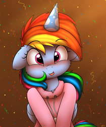 Size: 2100x2500 | Tagged: safe, artist:heavymetalbronyyeah, rainbow dash, pegasus, pony, 2020, :p, clothes, cute, dashabetes, female, floppy ears, happy new year, hat, high res, holiday, hoodie, human shoulders, looking at you, party hat, smiling, solo, tongue out
