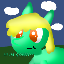 Size: 1000x1000 | Tagged: safe, artist:artdbait, oc, oc only, oc:goldy, earth pony, pony, series:goldy and hazard, amber eyes, cloud, female, green fur, introduction, mare, simple background, simple shading, smiling, solo, yellow mane