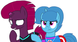 Size: 1987x1080 | Tagged: safe, artist:徐詩珮, fizzlepop berrytwist, spring rain, tempest shadow, pony, unicorn, series:sprglitemplight diary, series:sprglitemplight life jacket days, series:springshadowdrops diary, series:springshadowdrops life jacket days, g4, alternate universe, base used, broken horn, cute, female, horn, lesbian, ship:springshadow, shipping, simple background, spring rain is not amused, spring rain's lifeguard whistle, springbetes, tempestbetes, transparent background, unamused, whistle