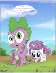 Size: 2550x3300 | Tagged: safe, artist:loreto-arts, princess flurry heart, spike, alicorn, dragon, pony, g4, cute, duo, eye reflection, flurrybetes, high res, implied princess cadance, pounce, reflection, spikabetes, tail, tail wag, winged spike, wings