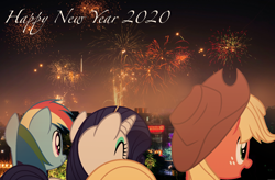 Size: 1520x1000 | Tagged: safe, artist:ponyrailartist, editor:relapse11, applejack, rainbow dash, rarity, g4, 2020, new year, show accurate