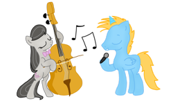 Size: 900x563 | Tagged: safe, artist:aurorri, octavia melody, oc, oc:harmony star, alicorn, pony, g4, alicorn oc, bipedal, bow (instrument), cello, dexterous hooves, duo, eyes closed, hoof hold, horn, male, microphone, music notes, musical instrument, simple background, stallion, transparent background