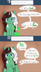 Size: 1000x1764 | Tagged: safe, artist:bother-a-changeling, oc, oc only, oc:peppermint pattie (unicorn), pony, unicorn, ask peppermint pattie, disguise, disguised changeling, female, magic, mare, solo