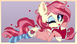 Size: 3911x2242 | Tagged: safe, artist:_spacemonkeyz_, oc, oc only, oc:velvet passion, earth pony, pony, clothes, female, high res, mare, one eye closed, prone, socks, solo, striped socks, tongue out, wink