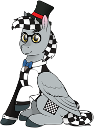 Size: 767x1044 | Tagged: safe, artist:69beas, oc, oc only, oc:checkerboard, pegasus, pony, 2020 community collab, derpibooru community collaboration, bowtie, clothes, colored hooves, digital art, glasses, hat, looking at you, male, simple background, sitting, solo, stallion, suit, transparent background