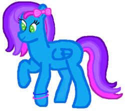 Size: 1384x1228 | Tagged: safe, artist:rainbows2424, oc, oc only, oc:azure acrylic, pegasus, pony, 1000 hours in ms paint, bow, bracelet, female, green eyes, hair bow, jewelry, mare, raised hoof, simple background, smiling, solo, white background