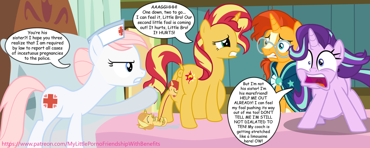 My Little Pony Pregnant Porn - 2235698 - explicit, artist:parclytaxel, editor:wild stallions, nurse  redheart, starlight glimmer, sunburst, sunset shimmer, oc, oc:sunbeam  flare, oc:sunlit glow, earth pony, pony, unicorn, comic:the first  incestuous foal of sunset shimmer, and that's h