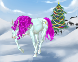 Size: 2048x1638 | Tagged: safe, artist:loser, oc, oc only, oc:blooming corals, pony, unicorn, christmas, christmas tree, female, holiday, new year, realistic anatomy, realistic horse legs, serbia, snow, solo, tree, winter