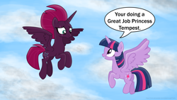 Size: 3840x2160 | Tagged: safe, artist:ejlightning007arts, tempest shadow, twilight sparkle, alicorn, pony, g4, alicornified, alternate timeline, cloud, cute, eye scar, female, flying, flying lesson, grammar error, high res, horn, lesbian, misspelling of you're, princess tempest shadow, race swap, scar, ship:tempestlight, shipping, speech bubble, tempest gets her horn back, tempest now has a true horn, tempesticorn, twilight sparkle (alicorn)